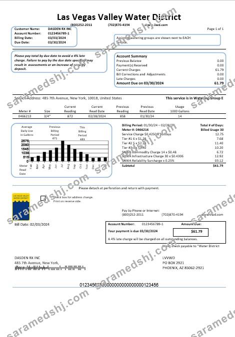 USA Las Vegas Valley Water District (LVVWD) business utility bill template in Word and PDF formats